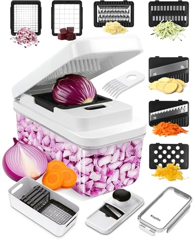 Keplin - 7-in-1 Vegetable Chopper with Container - Multi-Functional Slicer, Dicer & Grater - BPA Free, Dishwasher Safe, Non-Slip Base, Food-Grade ABS & Stainless Steel Blades