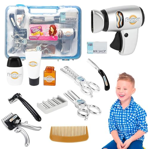 Hojalis Kids Barber Shop Playset, Barber Role Play Shop Playset, Barber Play Set with Blow Dryer Scissors and Stylist Accessories, Pretend Play Hair Salon Set For Girls and Boys of Different Ages