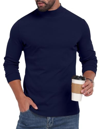 PrinStory Mock Turtleneck Mens Tshirts Long Sleeve Tops Cotton High Neck Basic Pullover Sweatshirts Thermal Tops Knitwear Jumper (Navy Blue, L)
