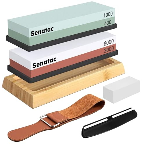 Senatac Professionell Slipsten - Manuell Knivslipare Slipstensset Dubbelsidig Korn 400/1000 3000/8000 Brynsten med Vinkelguide Halkfri Bambubas Läderremsa Poleringskombina Kiselhållare