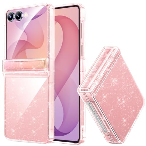 Miimall Samsung Galaxy Z Flip 8 fodral och skärmskydd med glitter, glänsande Flip8 fodral med gångjärnsskydd för dam, Z flip 8 smalt glitterfodral stötsäker fodral för Flip8, rosa