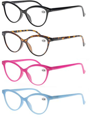 MODFANS Lunettes de Lecture 2.75 Femmes(Lot de 4) - Lunettes Loupe Monture Leger Cat Eye Branches a Ressort,Lunettes de Vue Noir-Ecaille-Rose-Bleu