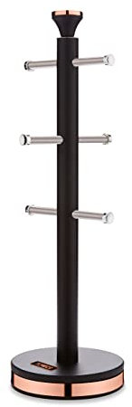 Tower T826132BLK Cavaletto Mug Tree with Stainless Steel Stoppers, Soft Underliner, Black and Rose Gold