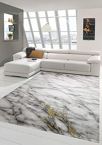 Teppich-Traum Marmor Optik Bettumrandung für Wohn- & Schlafzimmer in grau Gold, Größe 80x150 cm