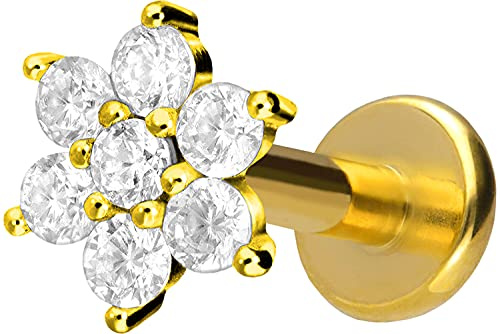 PIERCINGLINE Labret en titane avec filetage intérieur - Fleur en cristal - Piercing pour lèvre, nez, oreille, hélix - Couleur et taille au choix, 5 mm x 1.2 mm
