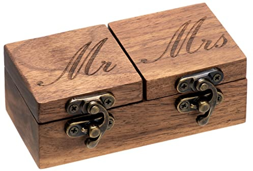 COSISO Mr & Mrs Vintage Wooden Wedding Ring Box for Ceremony Engagement Proposal Bearer Display or Jewelry Organizer Storage (Black Inner)