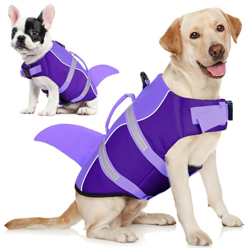 AOFITEE Dog Life Jacket, Shark Dog Life Vest for Swimming Boating, High Flotation Pet Lifesaver with Rescue Handle, Reflective French Bulldog Lifejacket, Life Jackets for Small Medium Large Dogs, M