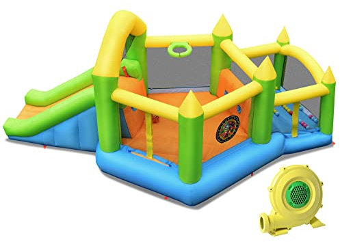COSTWAY Aufblasbare Hüpfburg mit Rutsche & Bällebad & Basketballkorb, Hüpfburgschloss Springburg Bouncer inklusive Tragetasche, Reparaturset, Erdspieße 477 x 241 x 208 cm (mit Gebläse)