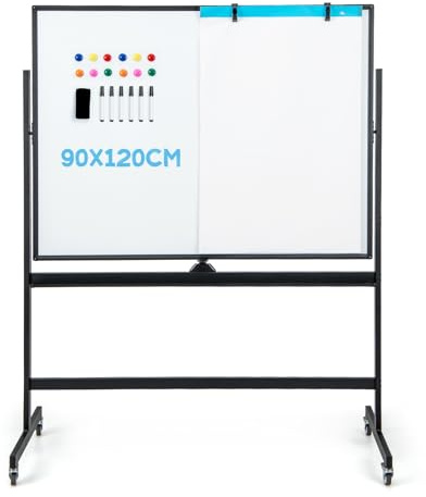 LIFEZEAL Lavagna Magnetica, 120x90 cm, Lavagna con Cavalletto, Lavagna Bianca Cancellabile con Ruote, Lavagna Bifacciale con Fogli di Carta e Girevole a 360 gradi, Regolabile in Altezza (nero)