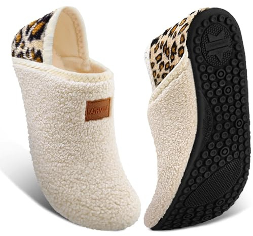 ATHMILE House Slippers for Women Men Indoor Barefoot Slippers Socks Furry Slip on House Shoes Cozy Comfy for Home Bedroom Travel Yoga Women 6.5-7.5 Beige Leopard