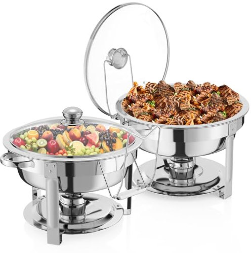 NArra Lot de 4 Plats à réchaud pour Buffet, 7.5 L Couvercle Rond en Verre, en Acier Inoxydable, Cadre épais avec couvercles en Miroir, Chauffe-Plats pour fêtes, Mariages, Pique-niques