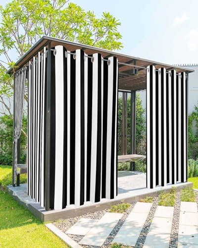 Striped Outdoor Curtains for Patio Waterproof Weatherproof,Black and White Outdoor Curtains,Sun Blocking Privacy Grommet Outside Curtains Weighted Drapes for Gazebo Porch Pergola,2 Panels,54W x 95L