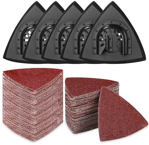 Bixury Papel de Lija 135 Piezas 80 mm Hojas de Lija con 5 Almohadilla de Lijado Triangular Almohadilla de Lijado Triangular Grano 60 80 120 180 240 Papel de Lija Oscilante para Madera Metal PláStico