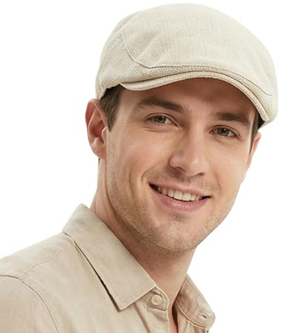 HIQIU Schiebermütze Herren aus Leinen Mit Futter - Gatsby Flatcap Herren Schirmmütze Efeu Hut Newsboy Cap (DE/NL/SE/PL, Alphanumerisch, Einheitsgröße, M, Beige)