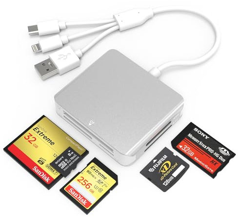 5-in-1 Kartenleser,SD/TF/MS/CF/XD Kartenlesegerät für iPhone/iPad/PC,Lightning+USB A+USB C Memory Stick Pro Duo Adapter,Aluminium Speicherkartenleser USB C Lightning OTG Adapter,Plug-and-Play
