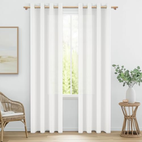 MRTREES Vorhang Weiß mit Ösen Leinenoptik Halbtransparent Voile Gardinen Wohnzimmer Modern Weiss Ösenschal 2er Set, Vorhänge Schlafzimmer 225 cm Lang 140 cm Breit, Curtains Living Room