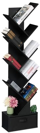 Relaxdays Bücherregal, 9 Ebenen, HxBxT: 146 x 38 x 22 cm, Baumform, Bücher, CDs, DVDs, Bücherbaum mit Schublade, schwarz