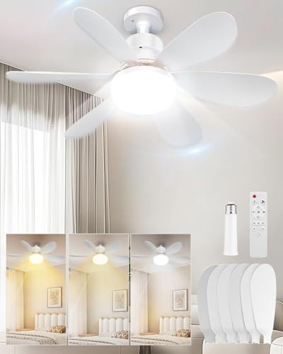 RuiDay Ventilateur de Plafond avec Lumière 40W - Lampe E27 Silencieux avec Télécommande, 6 Pales, 3 Vitesses (Blanc Rond + Rallonge)