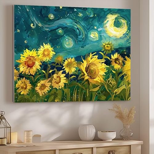 Pintar por Numeros Adultos Cielo Estrellado, DIY Pintura por Números, Pintura al óleo de Lienzo Kit Manualidades Niños para con Pinceles Pigmento Acrílico, Decoración Familiares 80x110cm, Girasol J691