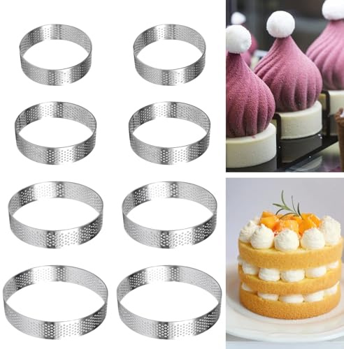 SXTDKMJ Pack of 8 Dessert Rings, Tartlet Moulds, 430 Stainless Steel Baking Rings with Ventilation Holes, Crumpet Rings for DIY Making Pie Cake Mousse Baking Mould Baking