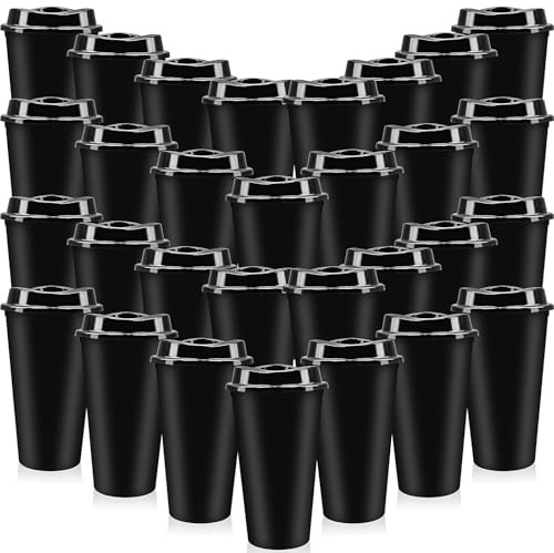 YFNVH 30 Pack Black Reusable Coffee Cups with Lids 450ml Plastic Travel Mugs Bulk Leak-Proof Plastic Tumbler to Go Coffee Cups for Hot Cold Drinks