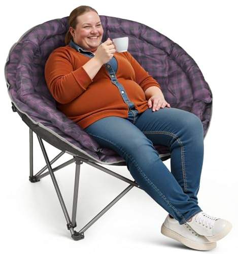 Oversized XXL Folding Round Camping Chairs,Comfy Padded Moon Camp Chairs,Heavy Duty Supports 400 Lbs Outdoor Lawn Chairs for Adults,Perfect for Indoor,Family Hiking,Picnics and Garden,Purple Plaid