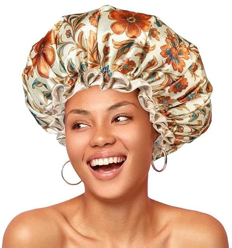 mikimini Gorro de ducha reutilizable e impermeable para mujer – Gorro grande de doble capa con tira ajustable y borde con volante, gorro de baño extra grande con estampado romántico para cabello largo