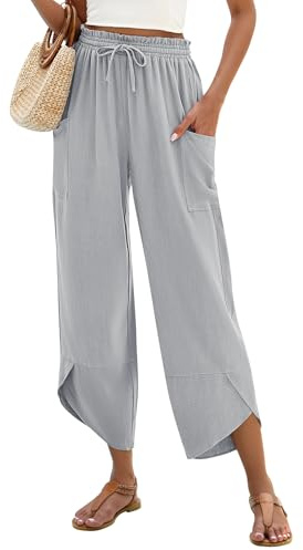 LOMON Women's Linen Capri Pants Spring Wide Leg with Drawstring Elastic Waist Casual Cropped Pant Travel 2026 (Grey,M)