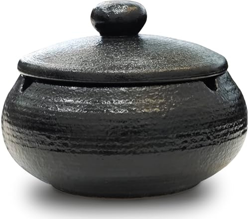 Black Ashtray Windproof with Lid, Indoor Outdoors Smell Proof Ashtrays | Vintage Ceramic Blue Glazed Cracker Glaze Design Apply Decorative Ash Tray for Home & Offic