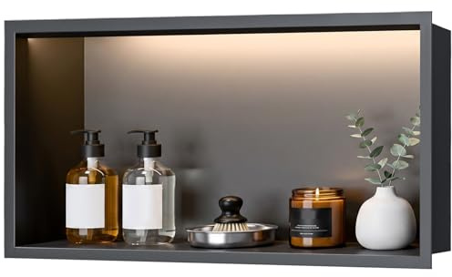 Ducha de 60 x 30 cm, nicho de pared de acero inoxidable 304, nicho de ducha empotrado con iluminación LED y transformador, resistente al agua, nicho de pared, ducha, estante individual, almacenamiento