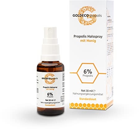 GOLDECO Propolis Spray pour le cou 6 % - 30 ml - Spray à la propolis avec tête de pulvérisation - 100 % naturel directement de l'apiculteur - Qualité standardisée - Commerce équitable