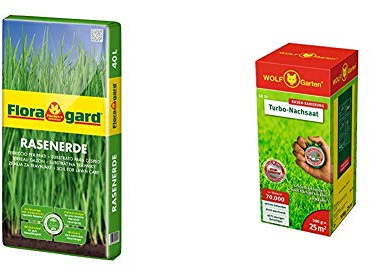 Floragard Rasenerde 40 L • hochwertige Spezialerde • zur Neuanlage, Pflege und Ausbesserung von Rasenflächen • mit dem Naturdünger Guano • mit Quarzsand & WOLF-Garten - »Turbo-Nachsaat« LR 25; 3826020