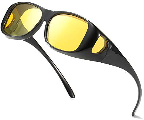 Enafad Fit Over Night Nachtbrille für Frauen Nachtsicht Blendschutz Polarisierte HD Gelbe Brille UV-Schutz (Hellschwarzes rahmengelbes Objektiv)