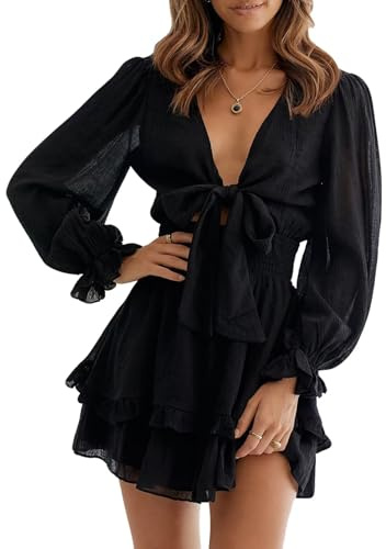 Dokotoo Dresses for Women 2025 Casual Spring Fall Sexy V Neck Ruffle Elegant Long Sleeve Empire Waist Tie Knot Chiffon Beach Tunic Swing A Line Flowy Mini Short Skater Dresses Black L