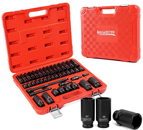 Meiwaltee 1/2 Drive Metric Impact Socket Set | Metric Sizes 8 to 32mm| 43 Piece Deep and Shallow Assortment | High Strength Chrome Molybdenum Steel | Extension Bars | Universal Joint and Adapter