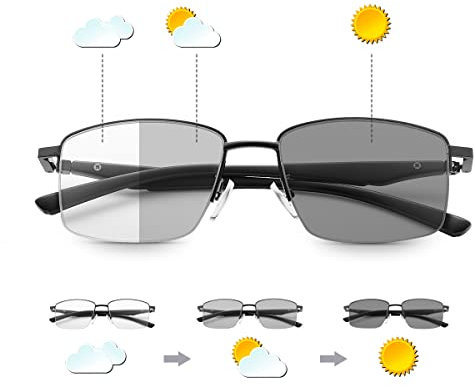 Photochromic Progressive Multifocus Reading Glasses W/ Spring Hinges 180° Transition Multifocal UV400 Sunglasses Sun Readers Blue Light Blocking Computer Eyeglasses Anti Glare Presbyopia for Men Women