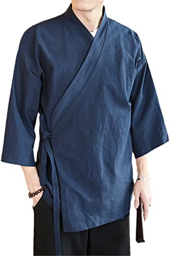 Bollrllr Veste kimono en coton et lin pour homme - Vert, coupe ample - Rétro - Parfait pour le quotidien, les fêtes, les vêtements d'extérieur et les festivals, bleu marine, XXXL