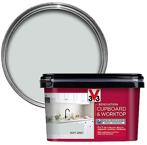 V33 Renovation Cupboard & Worktop Paint - No Undercoat Needed - High Resistance To Water Stains & Scratches - Ultra Washable - Soft Grey 2L