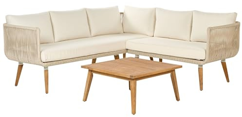 Beliani Conjunto de Sala de Estar esquinero 5 plazas de Madera de Acacia Beige Madera Clara Blanco Crema Alcamo