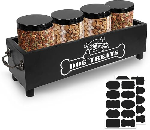 Großer Hundefutter Behälter, Keks-Glas für Hunde behandelt Behälter, Holz Haustier behandelt Speicher Veranstalter für Hundefutter Speicherbehälter mit 4 Gläsern, Hund behandeln Veranstalter