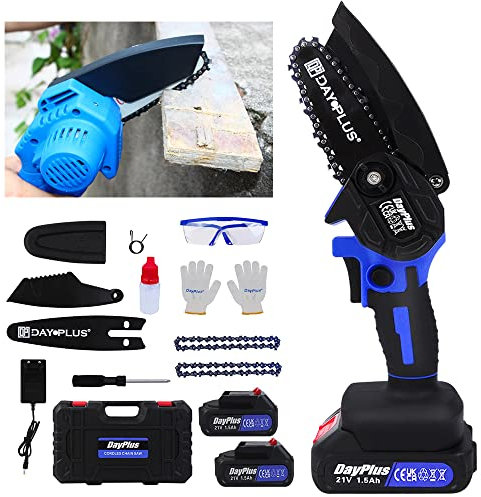 Mini Tronçonneuse Électrique Sans Fil 4 Pouces Tronçonneuse a Batterie Portable Scie a Chaîne Électrique Elagueuse pour la Coupe du bois, l'élagage le Jardin, avec 2 Chaînes, 2 Batteries