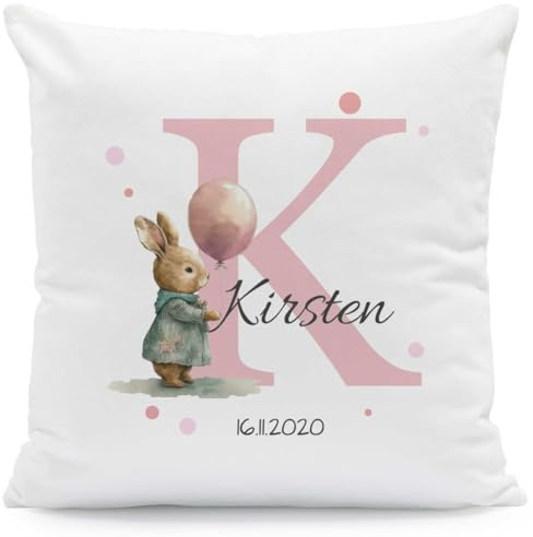 GRAVURZEILE Cuscino decorativo personalizzato con motivo animale e iniziale, personalizzato con nome e data, 40 x 40 cm, con imbottitura, regali personalizzati per Natale e compleanno, coniglietto