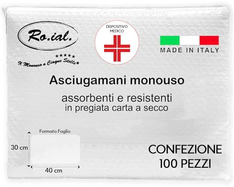 GM 100 Pezzi Salviette Asciugamani Monouso di Carta a Secco Mis. 30x40 Cm - Pannetti Monouso Post parto, Ciclo Mestruale - Morbidissimi Soffici con Goffratura a S - Pulizia Anziani o come Carta Mani