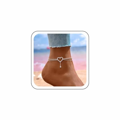 Wendalern Silver Heart Ankle Bracelet Diamond Rhinestone Love Heart Layered Beads Chain Tennis Anklet Summer Beach Crystal Chain Foot Jewelry for Women and Girls