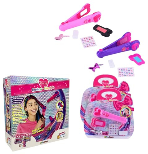 #sbabam FUNNY BOX My Little Princess Rainbow Hairstyle, Piastra Bambina Giocattolo con Accessori Inclusi, Pack 2 Pezzi, Piastra Capelli per Ciocche Colorate con Strass e Clip, Giochi Bambina 8 Anni