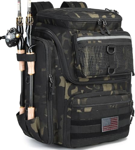 HAMBOLY Fishing Backpack 40L with Rod Holders, Waterproof Tackle Storage Backpack for Fishermen, Large Capacity Outdoor Fishing Gear Bag for Travel & Hiking