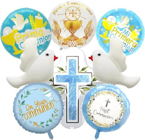 Communion Ballon Set 8 Pièces - Baptême Première Communion Décoration avec Colombe, Croix pour Garcon, Fille (Bleu)