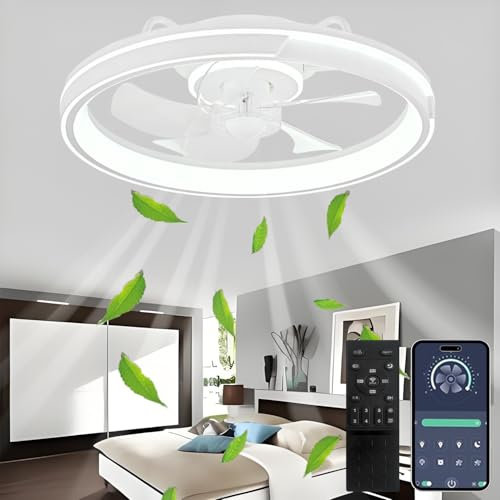 AJZXQM LED Ventilatore da Soffitto Silenzioso, Ventilatore da Soffitto con Luce e Telecomando Dimmerabile da 64w, Lampadario Ventilatore Reversibile a 6 Velocità, Lampadari Cucina, App, Timer, Bianco
