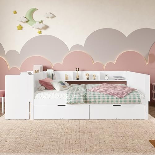 PZJFH Kinderbett, weißes Holzbett mit Schreibtisch und Regalen, Bett mit Schubladen und Stauraum, Jugendbett für platzsparendes Funktionsbett für Kinderzimmer (White+Pine, 200x90x73cm)