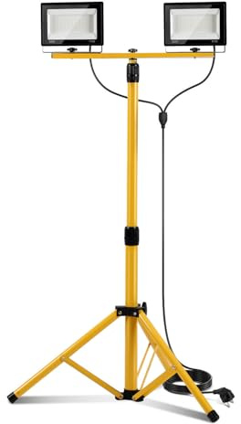Eikuavons Faretto LED da costruzione con treppiede, 2 x 50 W, 6500 K, bianco freddo, IP66, impermeabile, regolabile in altezza e spina di cavo da 3 m, direzione regolabile, per garage cantieri
